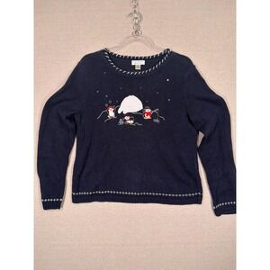 Christopher & Banks Navy Blue Penguin Igloo Winter Knit Sweater Sequin Womens M